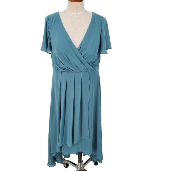 Ever-Pretty Womens Size 14 Blue‎ V Neck Flutter Sleeve Pleated Hi-Lo Dress New - Picture 1 of 9